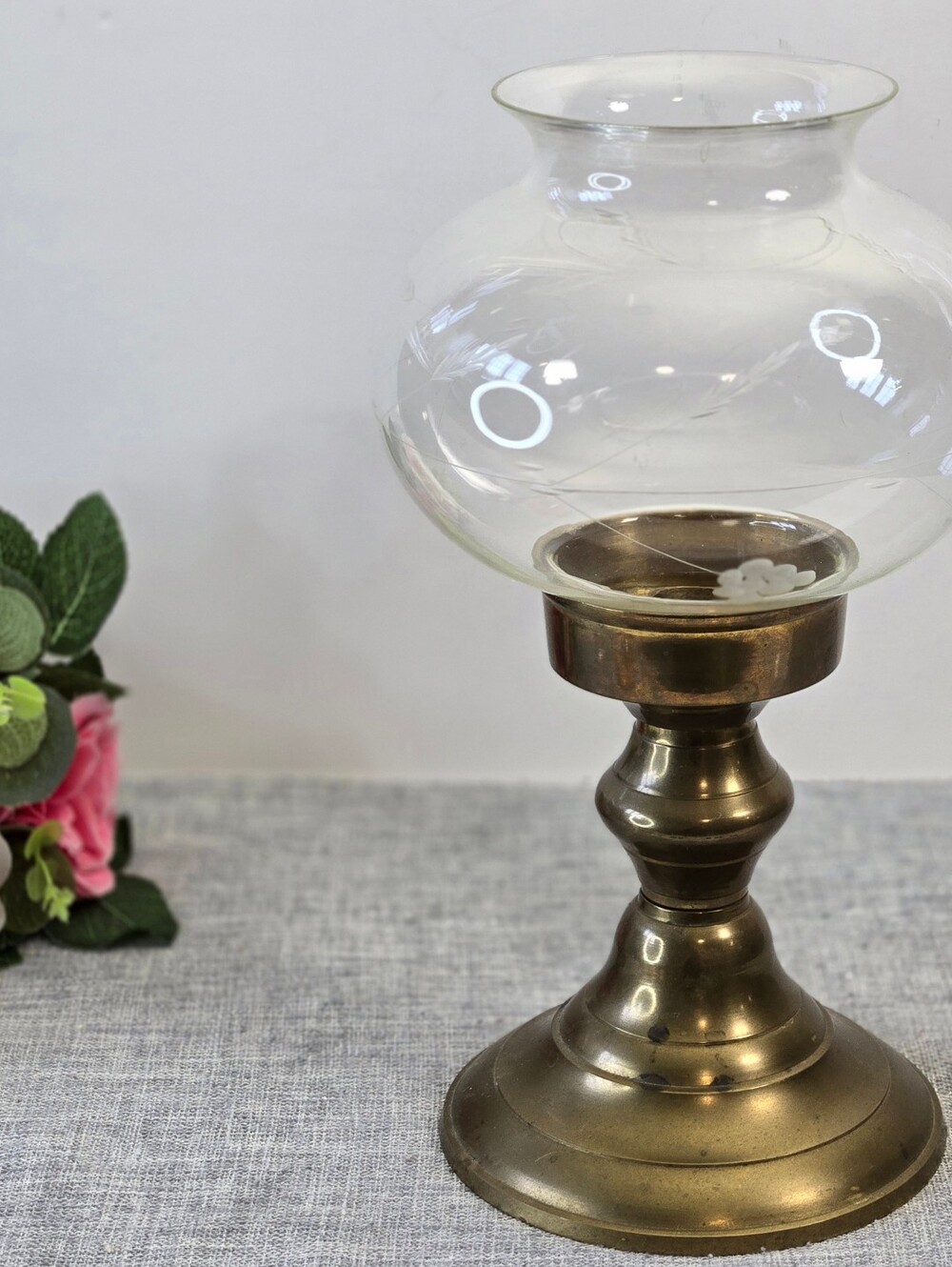 Vintage Brass Stick Candle Holder Solid Brass & Etched‎ Glass